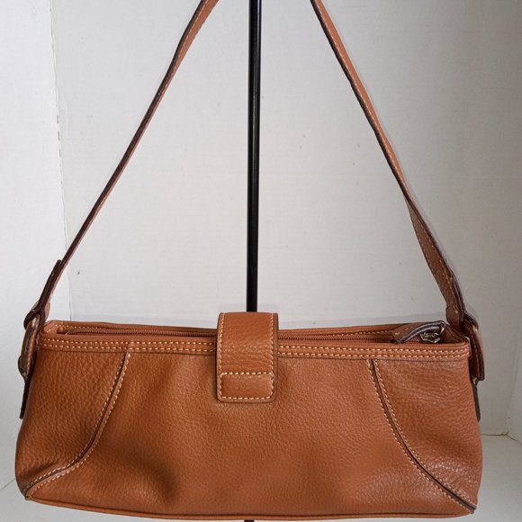 Vintage '90s LIZ CLAIBORNE Tan Leather Baguette Flap Closure w Buckle - Picture 5 of 11